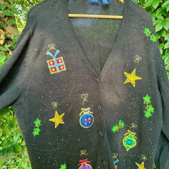Vintage 90's Basic Editions Black Bedazzled Christmas Sweater Cardigan 3XL - Picture 5 of 7